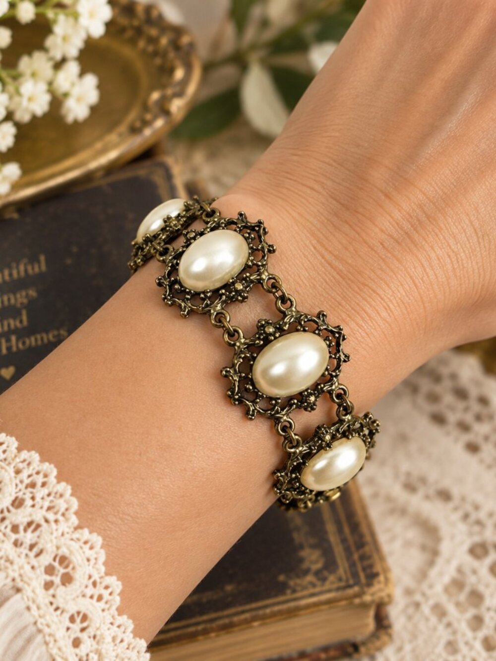 Vintage Faux Pearl Bracelet Victorian Revival Ornate Gold Tone